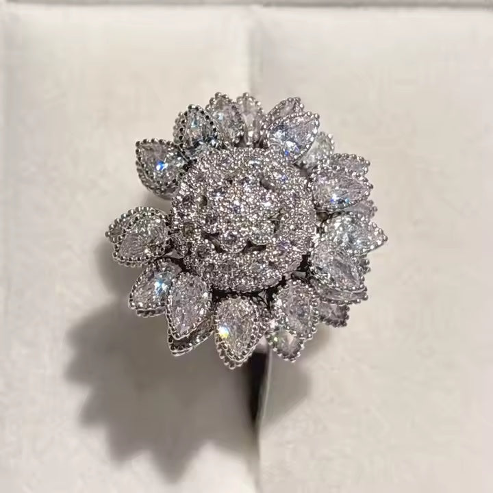 Flower Adjustable Open Silvery Ring For Women, Trendy Elegant Unique Cubic Zirconia Enamel Front Open Floral Leaf Easter Jewelry Gift-flower