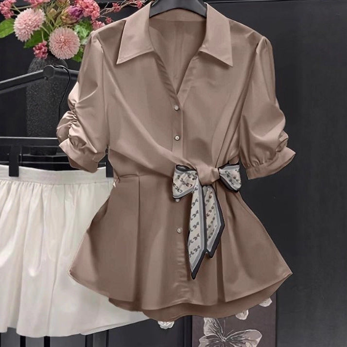 Short-sleeve Top Petite Shirt Fitted-waist Blouse