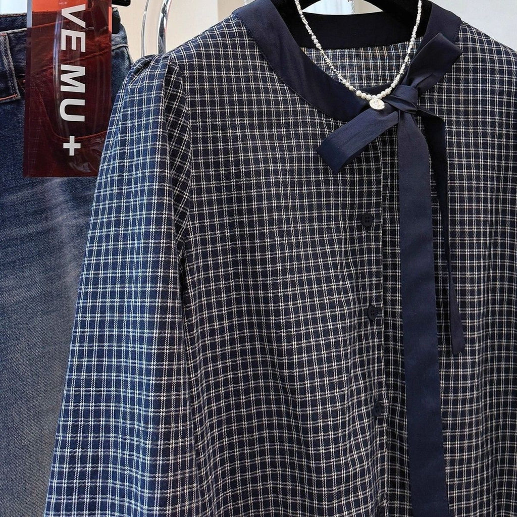 Loose Slimming Plaid Bow-Tied Ruffle-Trimmed Shirt