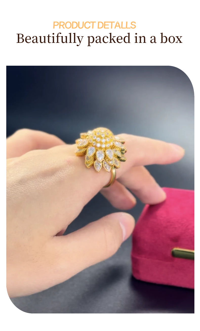 Flower Adjustable Open Gold Ring For Women, Trendy Elegant Unique Cubic Zirconia Enamel Front Open Floral Leaf Easter Jewelry Gift-flower