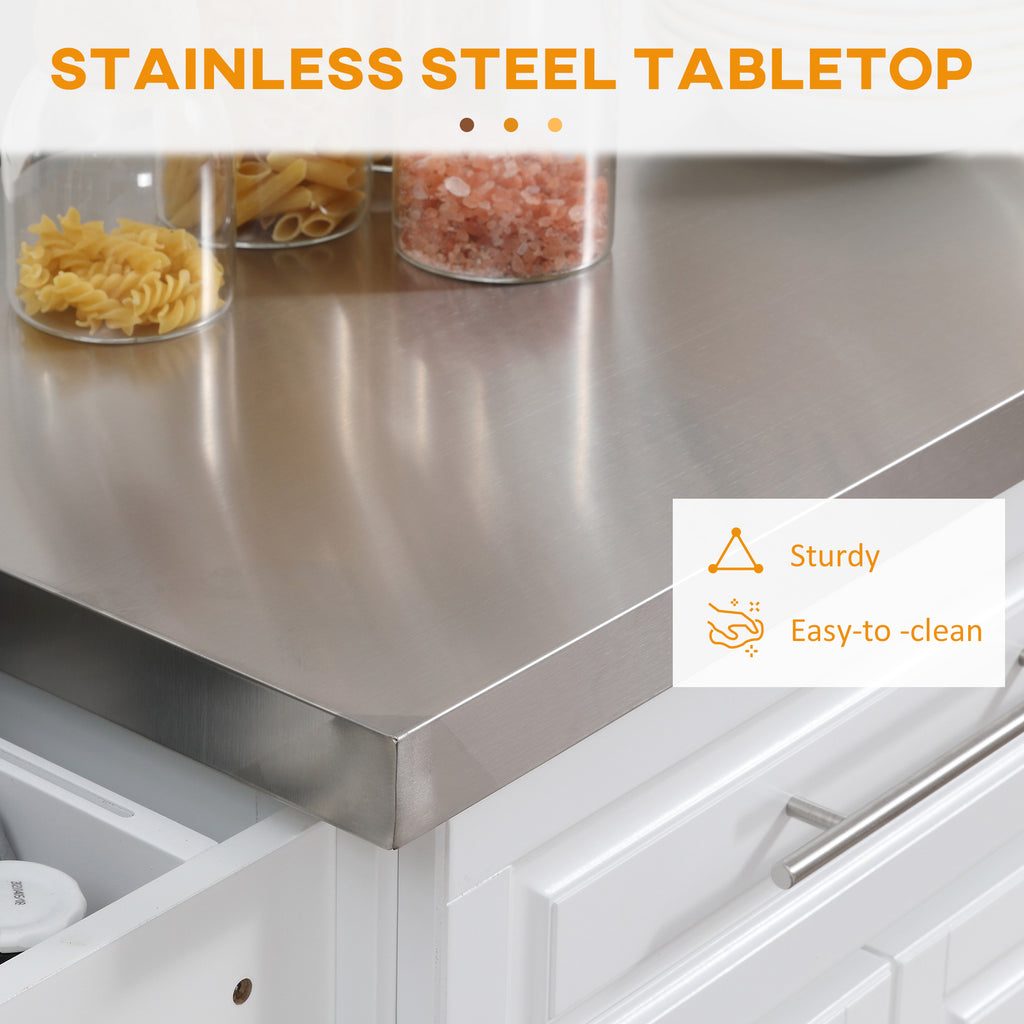 Rolling Kitchen Island Cart with Wheels, Portable Island Table for Kitchen with Stainless Steel Top, Adjustable Shelves, 2 Drawers, Spice, Knife and Towel Rack, White