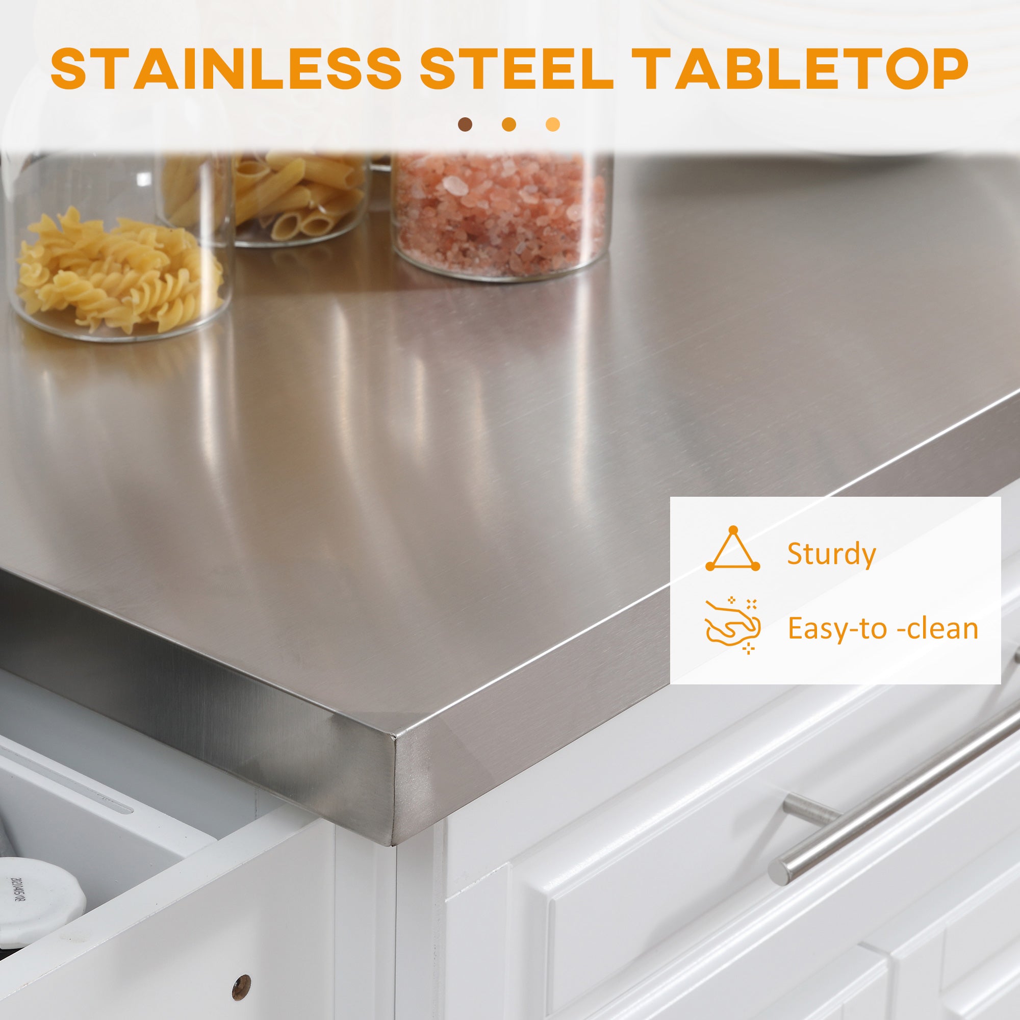 Rolling Kitchen Island Cart with Wheels, Portable Island Table for Kitchen with Stainless Steel Top, Adjustable Shelves, 2 Drawers, Spice, Knife and Towel Rack, White