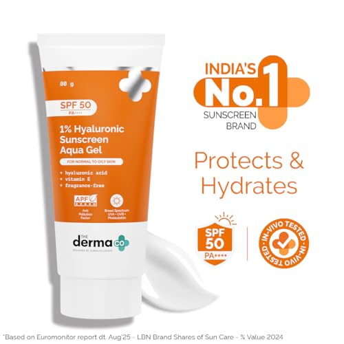 The Derma Co 1% Hyaluronic Sunscreen Aqua Gel SPF 50 PA++++ | Hydrating, Lightweight & Non-Greasy | No White Cast | Broad Spectrum & Blue Light Protection | Clinically Tested - (In-Vivo) | 50 g