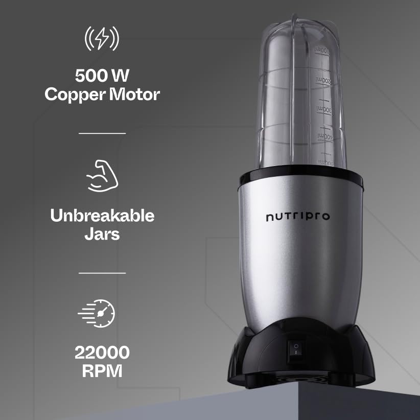 NutriPro Juicer Mixer Grinder - Smoothie Maker - 500 Watts (2 Jars & 1 Blade, Silver) - 2 Year Warranty