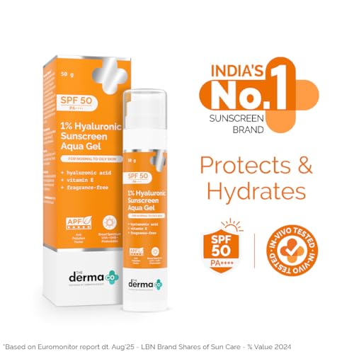 The Derma Co 1% Hyaluronic Sunscreen Aqua Gel SPF 50 PA++++ | Hydrating, Lightweight & Non-Greasy | No White Cast | Broad Spectrum & Blue Light Protection | Clinically Tested - (In-Vivo) | 50 g