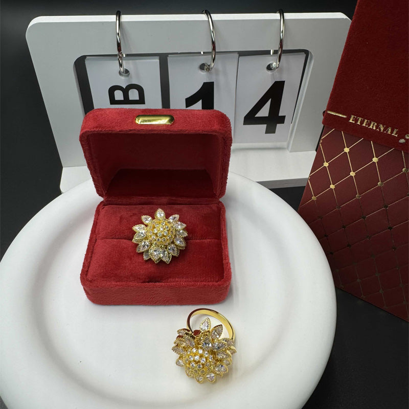 Flower Adjustable Open Gold Ring For Women, Trendy Elegant Unique Cubic Zirconia Enamel Front Open Floral Leaf Easter Jewelry Gift-flower