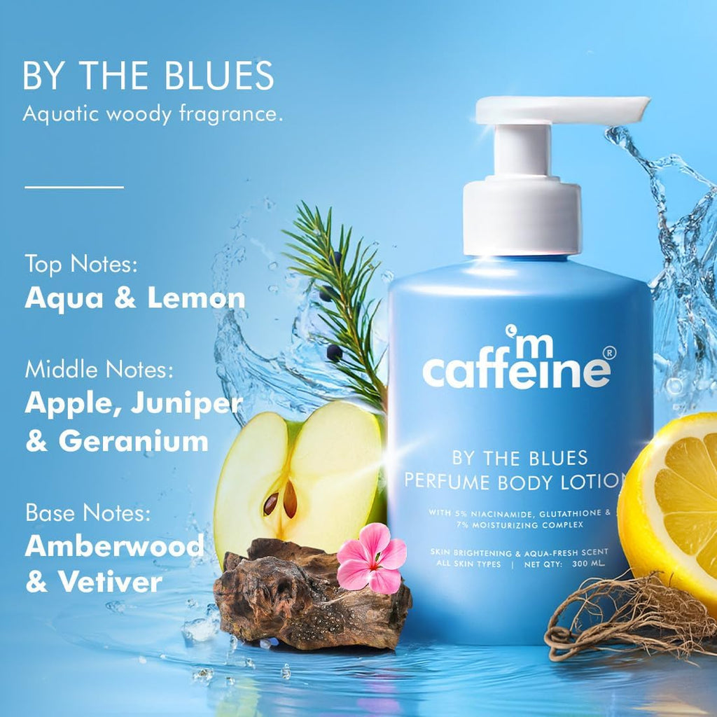 mCaffeine 5% Niacinamide & Glutathione for Brightening & Detan By The Blues Perfume Body Lotion 300ml | | Aquatic-Woody Fragrance | 72H Moisturization| Daily Use Summer Cream Bodylotion for Men & Women | Dry Skin