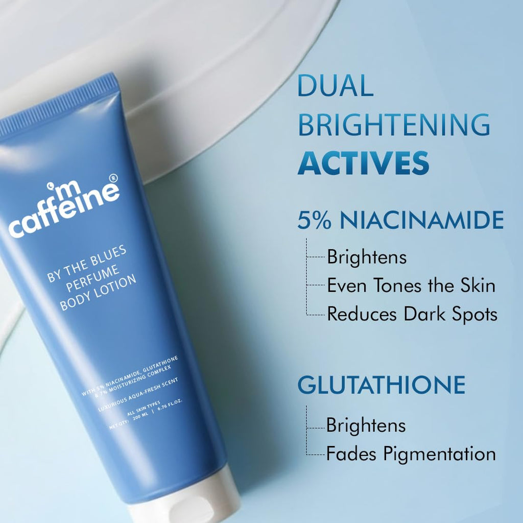 mCaffeine 5% Niacinamide & Glutathione for Brightening & Detan By The Blues Perfume Body Lotion 300ml | | Aquatic-Woody Fragrance | 72H Moisturization| Daily Use Summer Cream Bodylotion for Men & Women | Dry Skin