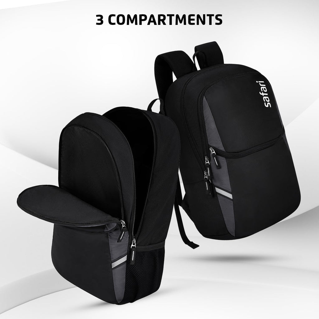 Safari Nudge Laptop Backpack for men & women, school bag for boys and girls, college bag, office bag, travel bag, 3 compartments, Bottle holder, Front pocket, Color Black
