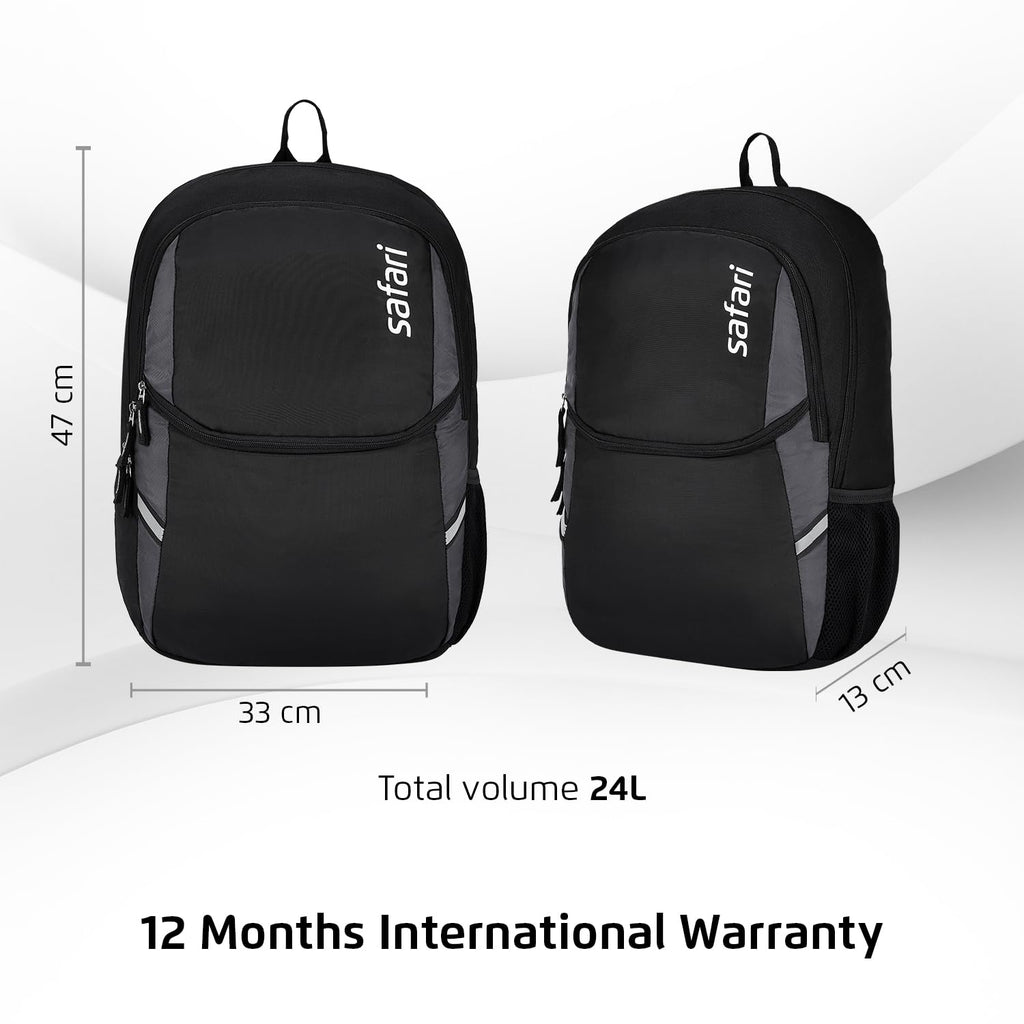 Safari Nudge Laptop Backpack for men & women, school bag for boys and girls, college bag, office bag, travel bag, 3 compartments, Bottle holder, Front pocket, Color Black