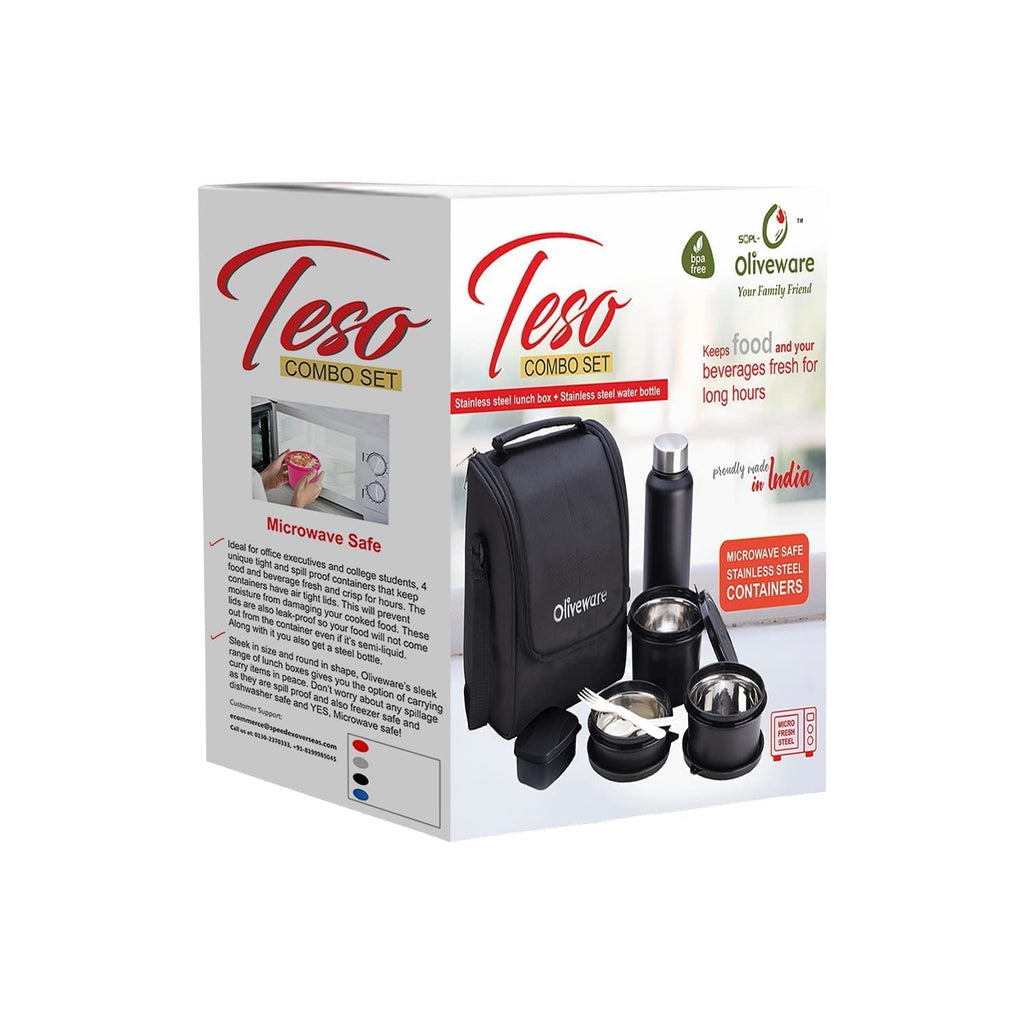 SOPL-OLIVEWARE Teso Pro Lunch Box with Steel Cutlery,3 Microwave Safe Inner Containers with Bpa Free Lids(290Ml,450Ml&600Ml) Plastic Pickle Box(130Ml) Steel Water Bottle(750Ml)-Black,600 ML