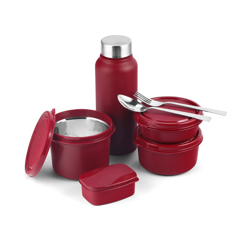 SOPL-OLIVEWARE Teso Pro Lunch Box with Steel Cutlery,3 Microwave Safe Inner Containers with Bpa Free Lids(290Ml,450Ml&600Ml) Plastic Pickle Box(130Ml) Steel Water Bottle(750Ml)-Black,600 ML