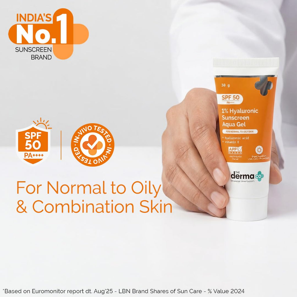 The Derma Co 1% Hyaluronic Sunscreen Aqua Gel SPF 50 PA++++ | Hydrating, Lightweight & Non-Greasy | No White Cast | Broad Spectrum & Blue Light Protection | Clinically Tested - (In-Vivo) | 50 g