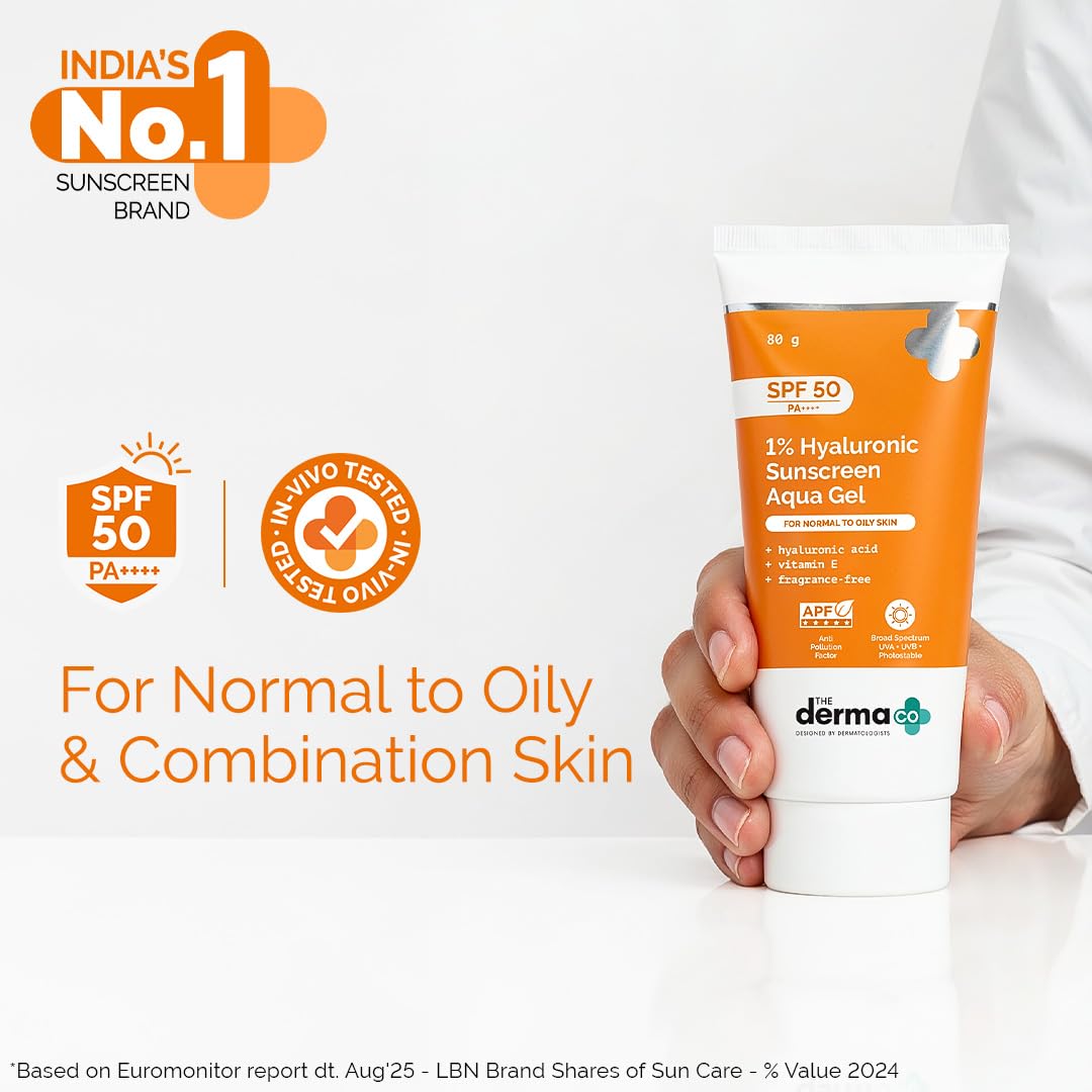 The Derma Co 1% Hyaluronic Sunscreen Aqua Gel SPF 50 PA++++ | Hydrating, Lightweight & Non-Greasy | No White Cast | Broad Spectrum & Blue Light Protection | Clinically Tested - (In-Vivo) | 50 g