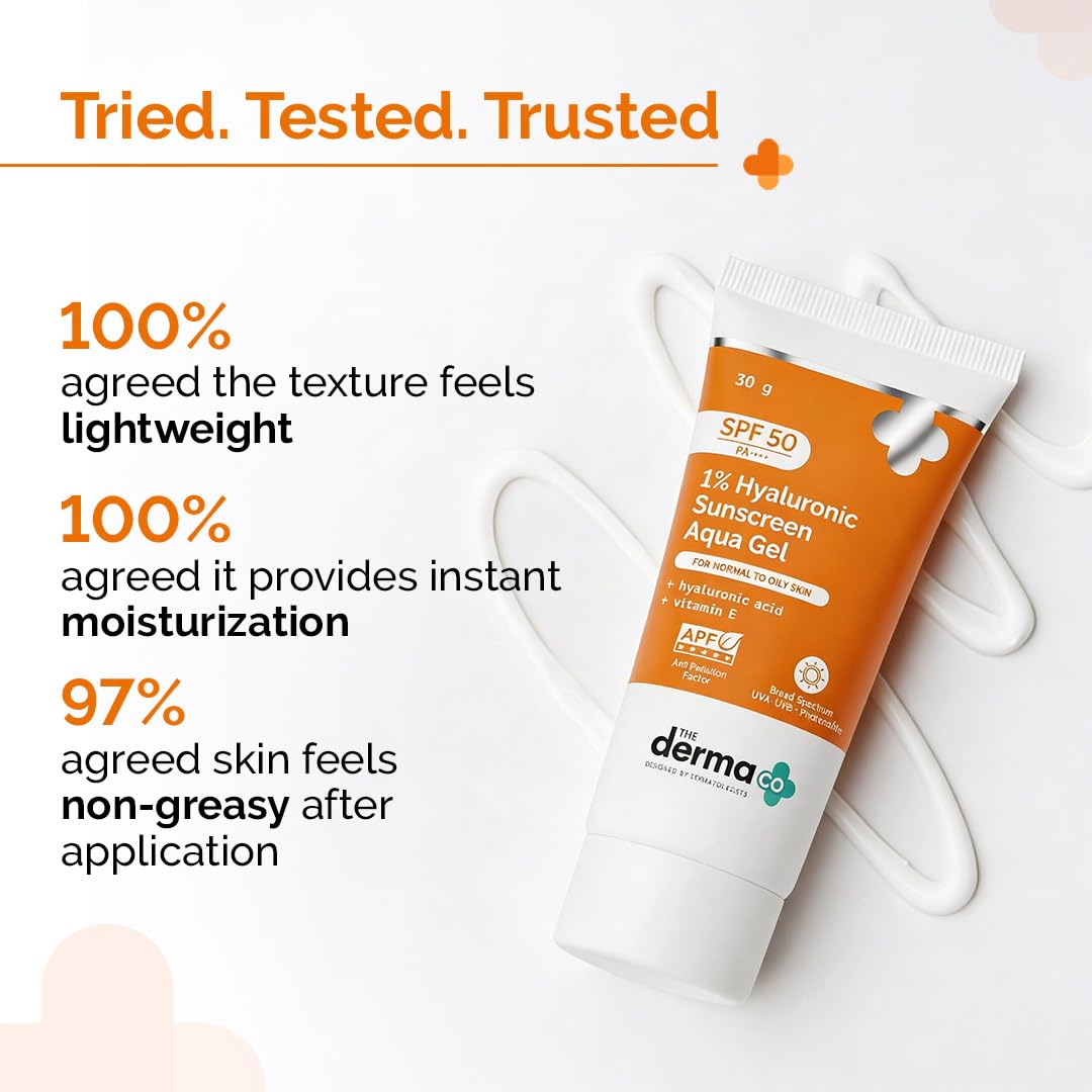 The Derma Co 1% Hyaluronic Sunscreen Aqua Gel SPF 50 PA++++ | Hydrating, Lightweight & Non-Greasy | No White Cast | Broad Spectrum & Blue Light Protection | Clinically Tested - (In-Vivo) | 50 g