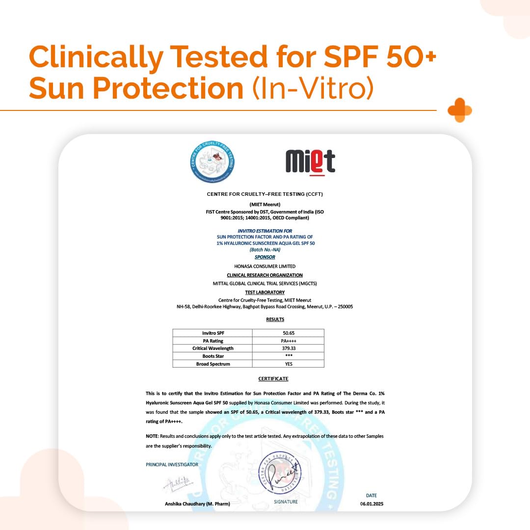 The Derma Co 1% Hyaluronic Sunscreen Aqua Gel SPF 50 PA++++ | Hydrating, Lightweight & Non-Greasy | No White Cast | Broad Spectrum & Blue Light Protection | Clinically Tested - (In-Vivo) | 50 g