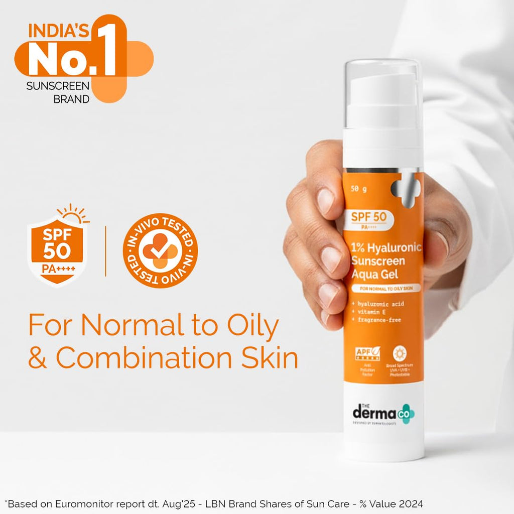 The Derma Co 1% Hyaluronic Sunscreen Aqua Gel SPF 50 PA++++ | Hydrating, Lightweight & Non-Greasy | No White Cast | Broad Spectrum & Blue Light Protection | Clinically Tested - (In-Vivo) | 50 g