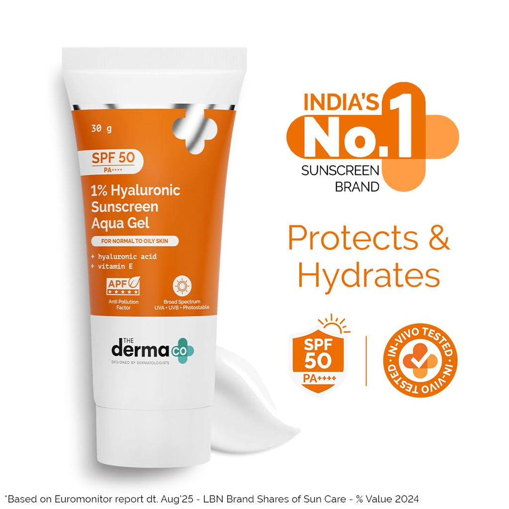 The Derma Co 1% Hyaluronic Sunscreen Aqua Gel SPF 50 PA++++ | Hydrating, Lightweight & Non-Greasy | No White Cast | Broad Spectrum & Blue Light Protection | Clinically Tested - (In-Vivo) | 50 g