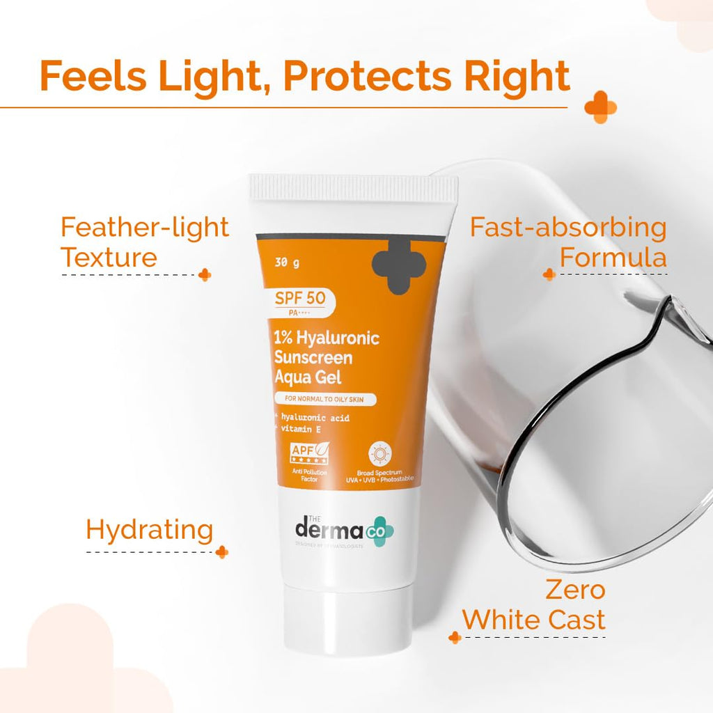 The Derma Co 1% Hyaluronic Sunscreen Aqua Gel SPF 50 PA++++ | Hydrating, Lightweight & Non-Greasy | No White Cast | Broad Spectrum & Blue Light Protection | Clinically Tested - (In-Vivo) | 50 g