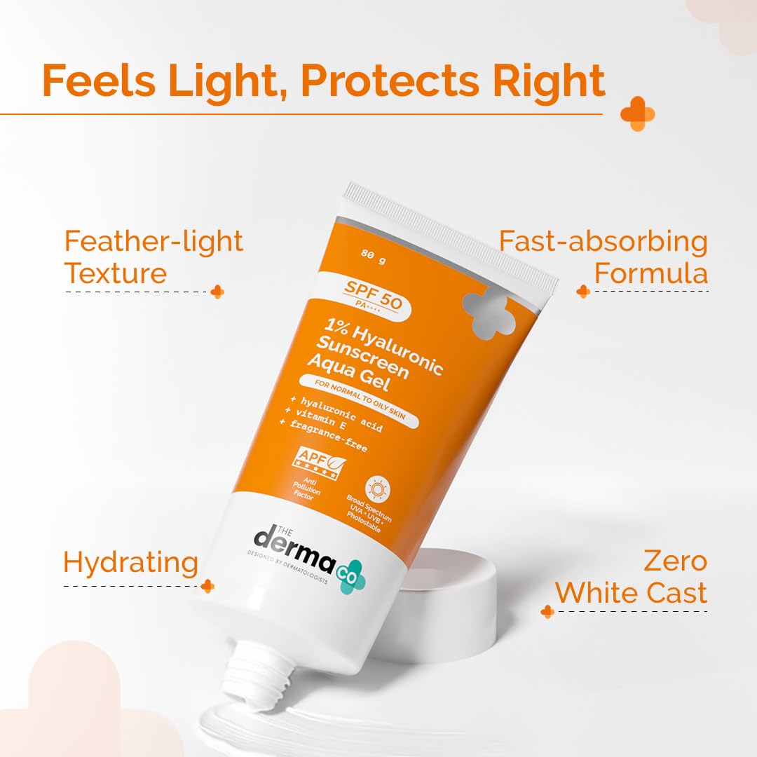 The Derma Co 1% Hyaluronic Sunscreen Aqua Gel SPF 50 PA++++ | Hydrating, Lightweight & Non-Greasy | No White Cast | Broad Spectrum & Blue Light Protection | Clinically Tested - (In-Vivo) | 50 g