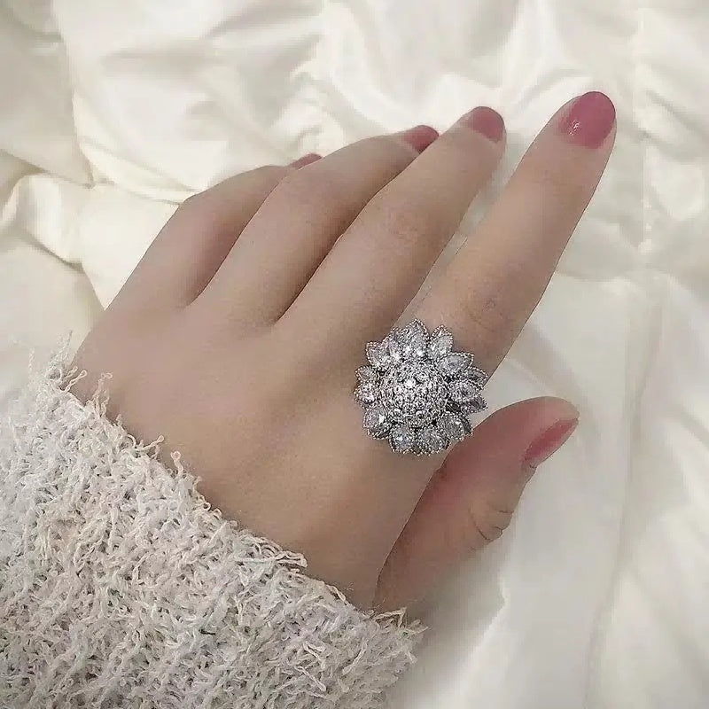 Flower Adjustable Open Silvery Ring For Women, Trendy Elegant Unique Cubic Zirconia Enamel Front Open Floral Leaf Easter Jewelry Gift-flower