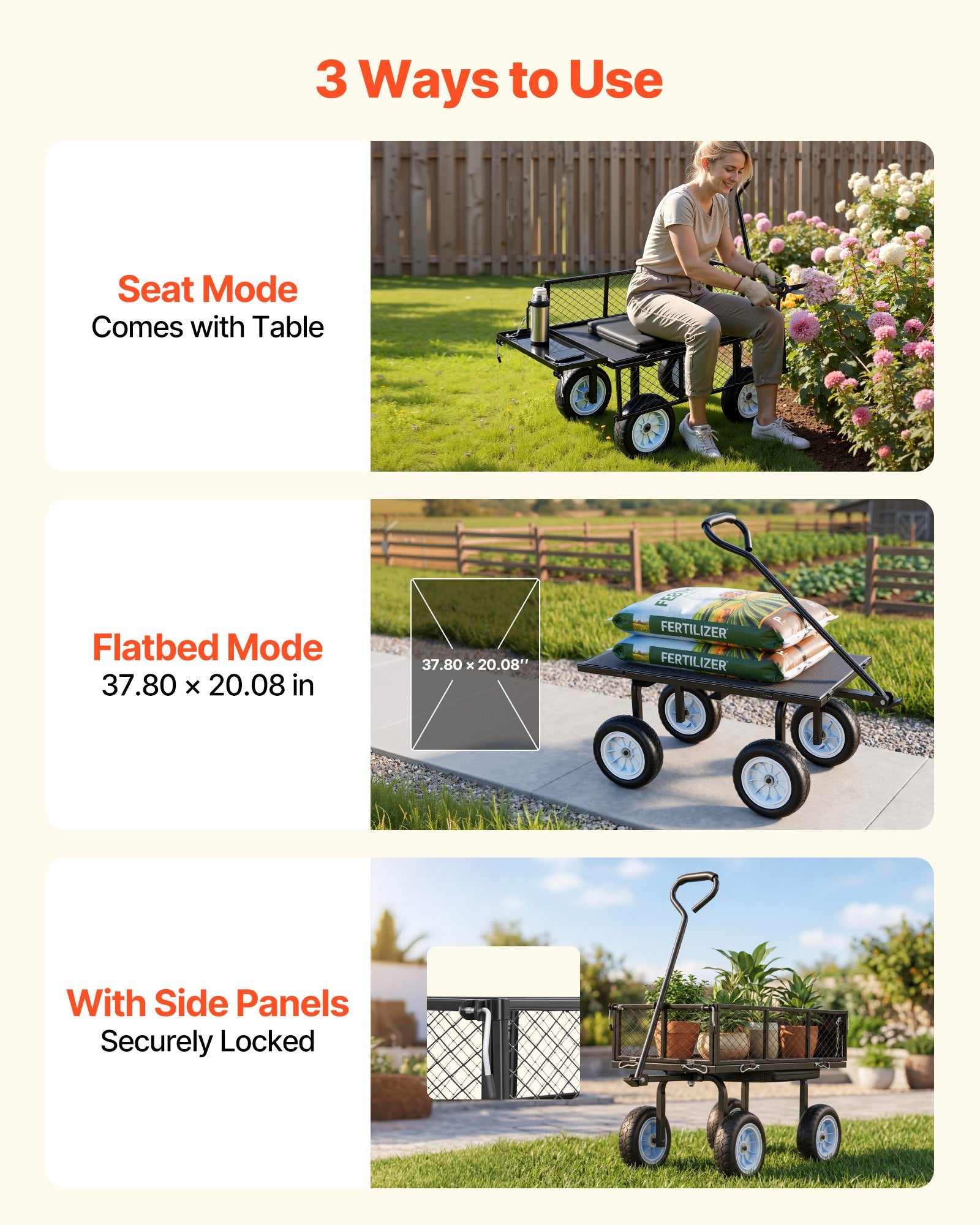 Garden Cart With Seat, 500 LBS, Rolling Steel Garden Work Seat