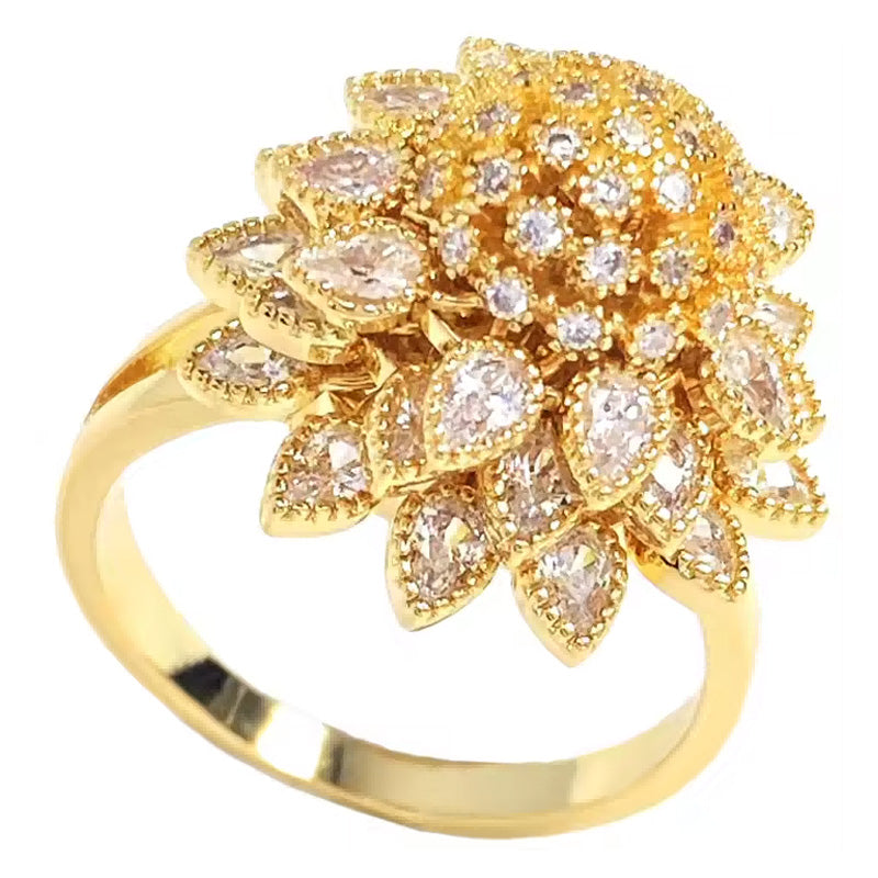 Flower Adjustable Open Gold Ring For Women, Trendy Elegant Unique Cubic Zirconia Enamel Front Open Floral Leaf Easter Jewelry Gift-flower