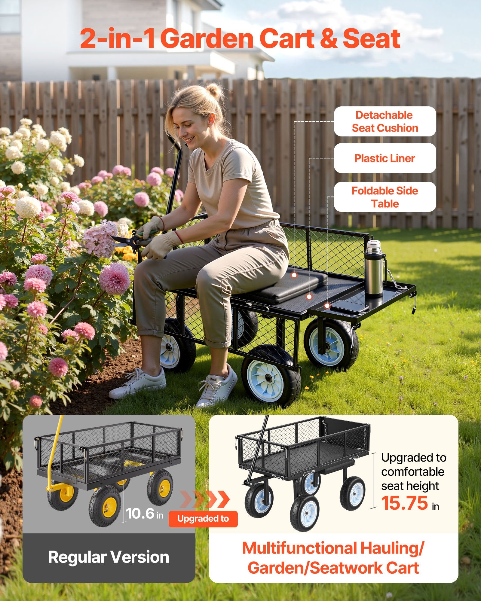 Garden Cart With Seat, 500 LBS, Rolling Steel Garden Work Seat