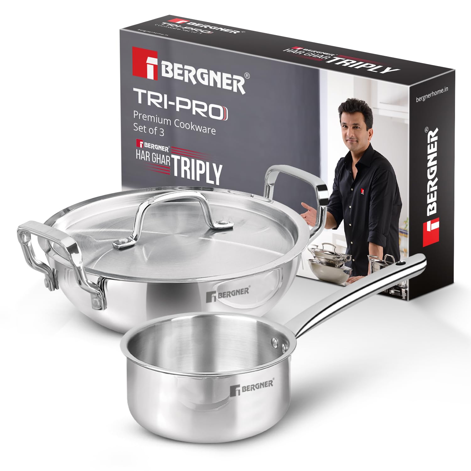 Bergner Tripro Triply Stainless Steel 4 Pc Cookware Set, 24 cm Indian Wok/Kadai with Lid, 22 cm Frypan, 16 cm Tea Pan, Even and Fast Heating, Induction Bottom, Gas Ready, Silver