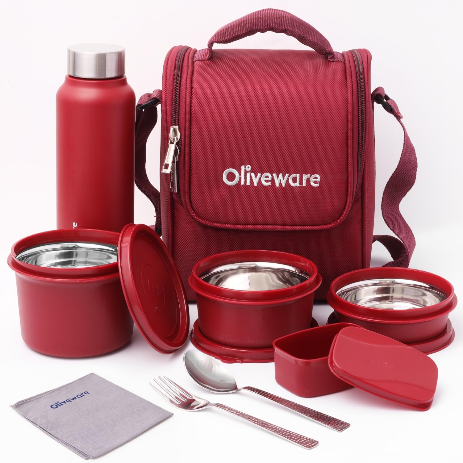 SOPL-OLIVEWARE Teso Pro Lunch Box with Steel Cutlery,3 Microwave Safe Inner Containers with Bpa Free Lids(290Ml,450Ml&600Ml) Plastic Pickle Box(130Ml) Steel Water Bottle(750Ml)-Black,600 ML