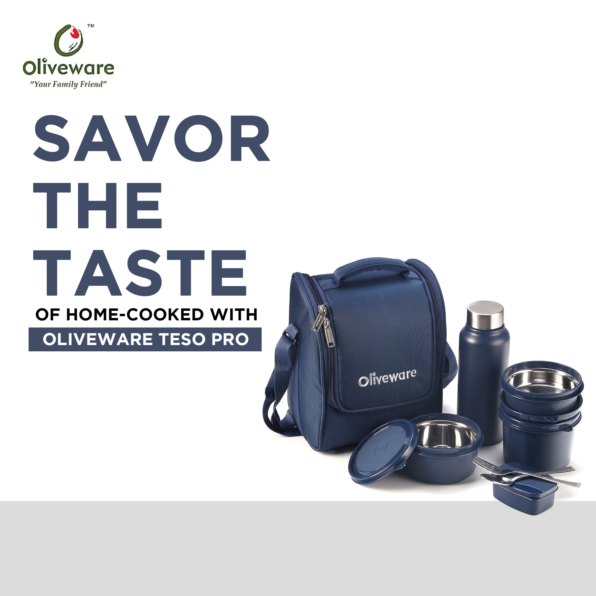 SOPL-OLIVEWARE Teso Pro Lunch Box with Steel Cutlery,3 Microwave Safe Inner Containers with Bpa Free Lids(290Ml,450Ml&600Ml) Plastic Pickle Box(130Ml) Steel Water Bottle(750Ml)-Black,600 ML