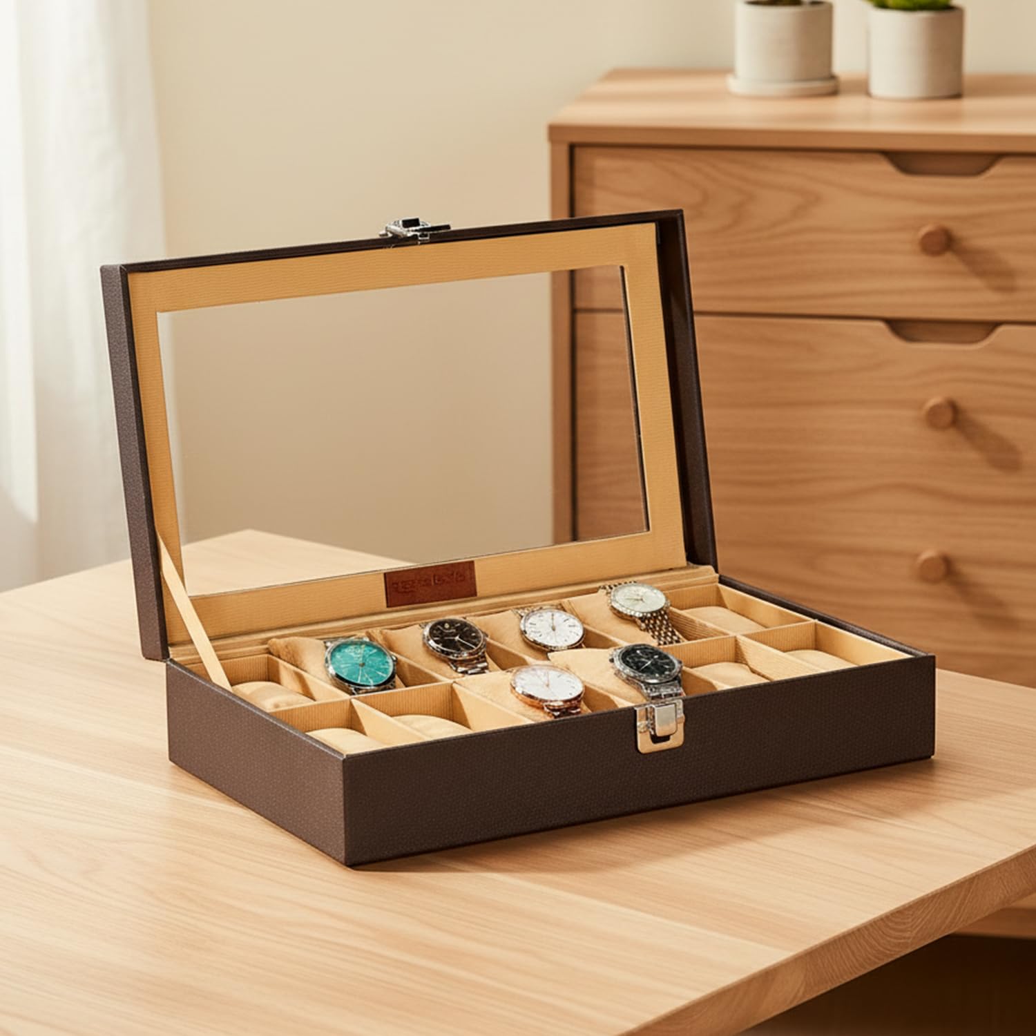 Amazon Basics Unisex Faux Leather Watch Organiser Box with 9 Slots | 6 Watch Storage Compartments | 3 Sunglasses Holder | Transparent Lid (Black)