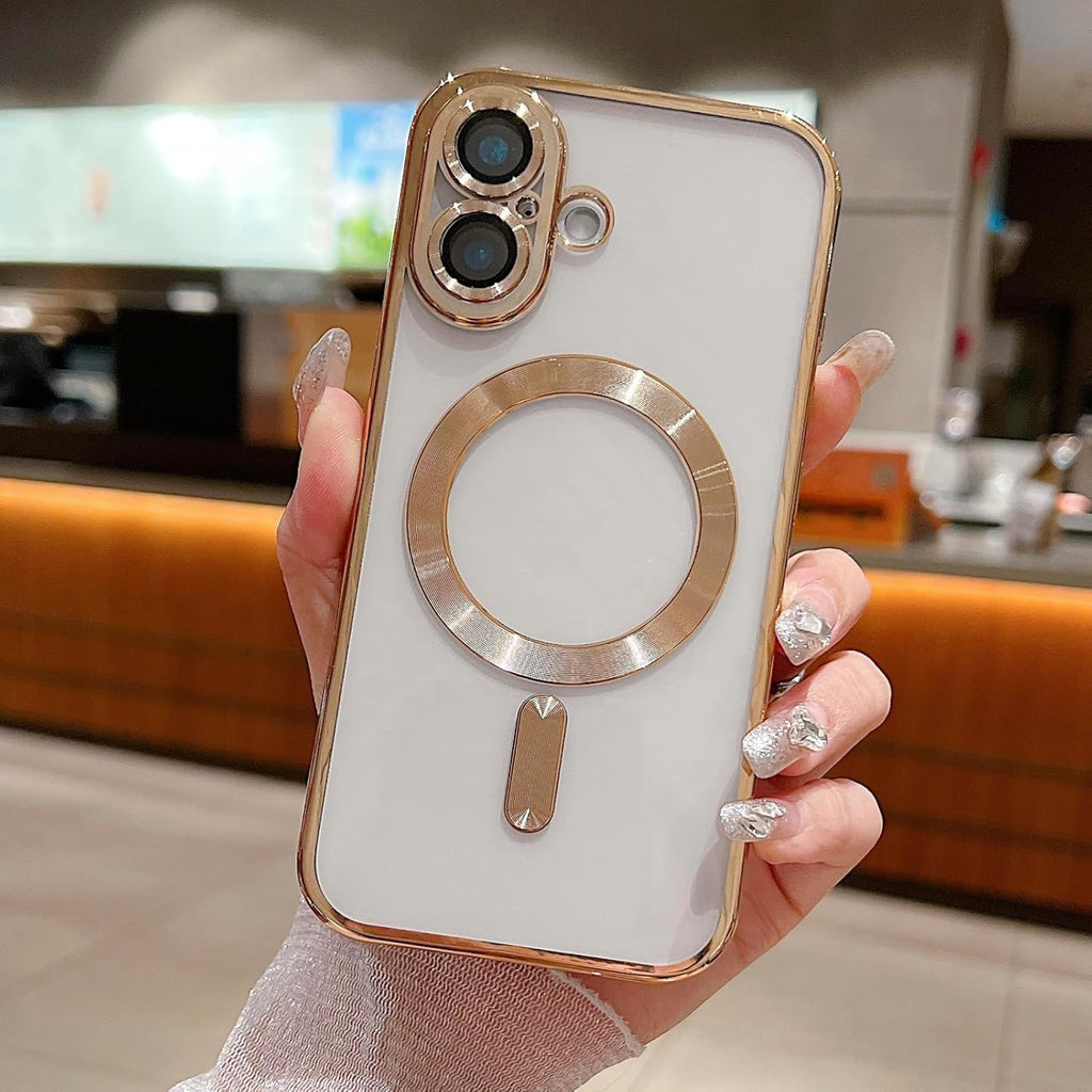 VONZEE Electroplating Transparent Clear Logo Back Cover TPU Compatible with iPhone 16 Plus Case, Compatible with Magsafe, Full Body & Individual Camera Protection for Each Lens for Men & Women (Gold)