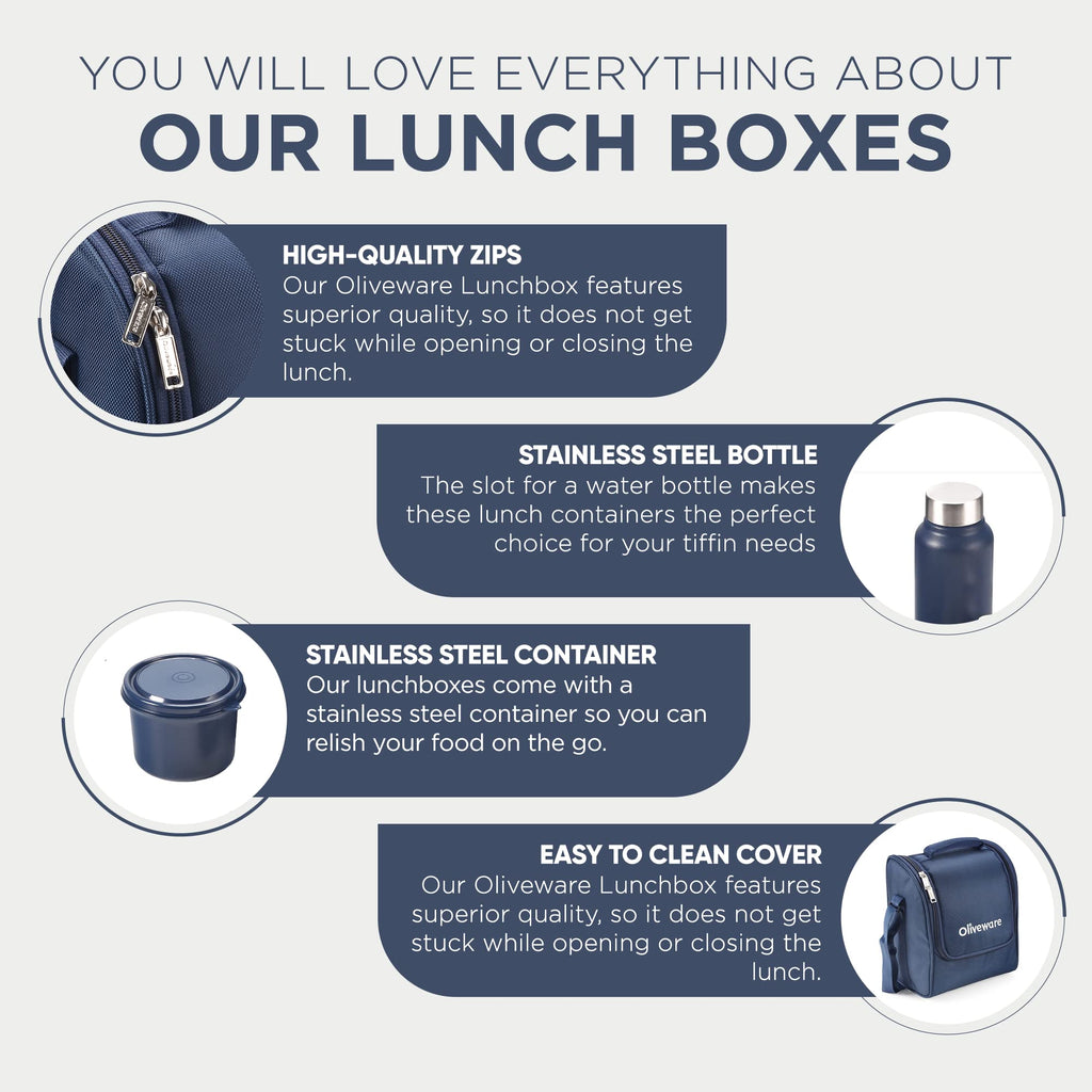SOPL-OLIVEWARE Teso Pro Lunch Box with Steel Cutlery,3 Microwave Safe Inner Containers with Bpa Free Lids(290Ml,450Ml&600Ml) Plastic Pickle Box(130Ml) Steel Water Bottle(750Ml)-Black,600 ML