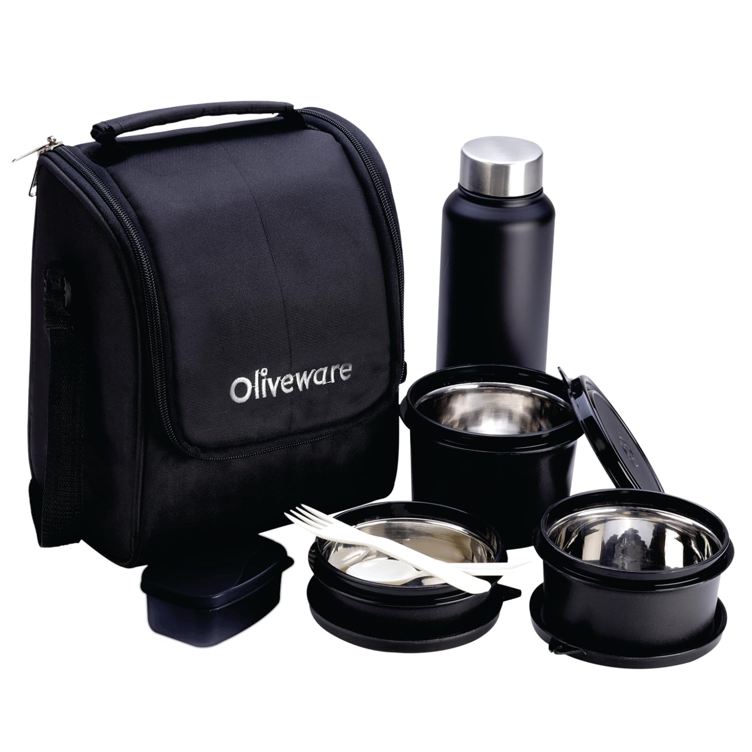 SOPL-OLIVEWARE Teso Pro Lunch Box with Steel Cutlery,3 Microwave Safe Inner Containers with Bpa Free Lids(290Ml,450Ml&600Ml) Plastic Pickle Box(130Ml) Steel Water Bottle(750Ml)-Black,600 ML