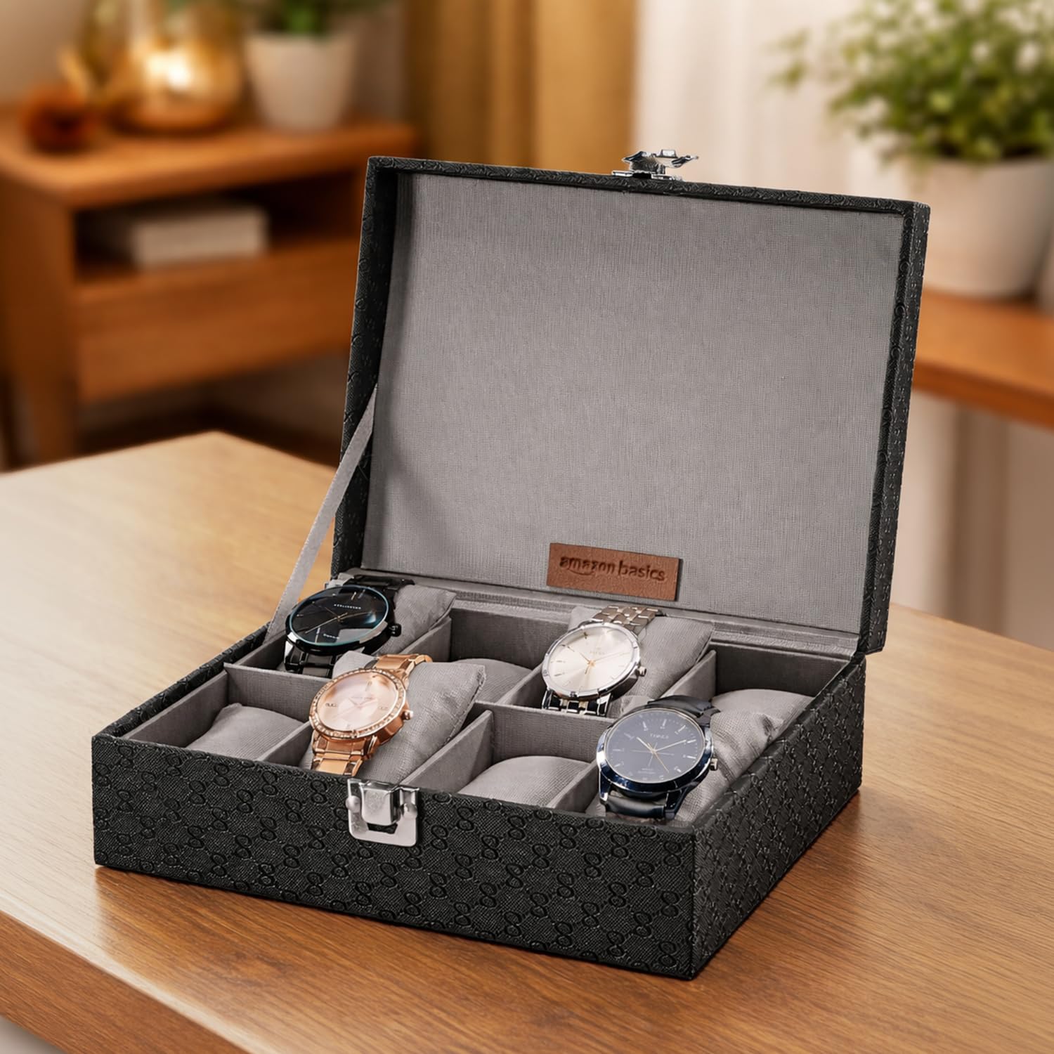 Amazon Basics Unisex Faux Leather Watch Organiser Box with 9 Slots | 6 Watch Storage Compartments | 3 Sunglasses Holder | Transparent Lid (Black)