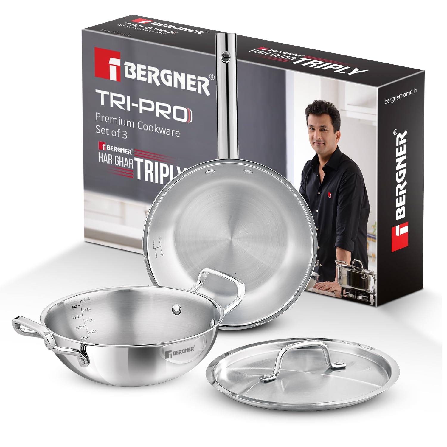 Bergner Tripro Triply Stainless Steel 4 Pc Cookware Set, 24 cm Indian Wok/Kadai with Lid, 22 cm Frypan, 16 cm Tea Pan, Even and Fast Heating, Induction Bottom, Gas Ready, Silver