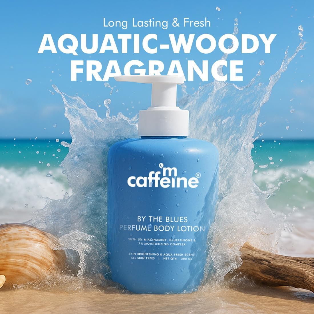 mCaffeine 5% Niacinamide & Glutathione for Brightening & Detan By The Blues Perfume Body Lotion 300ml | | Aquatic-Woody Fragrance | 72H Moisturization| Daily Use Summer Cream Bodylotion for Men & Women | Dry Skin