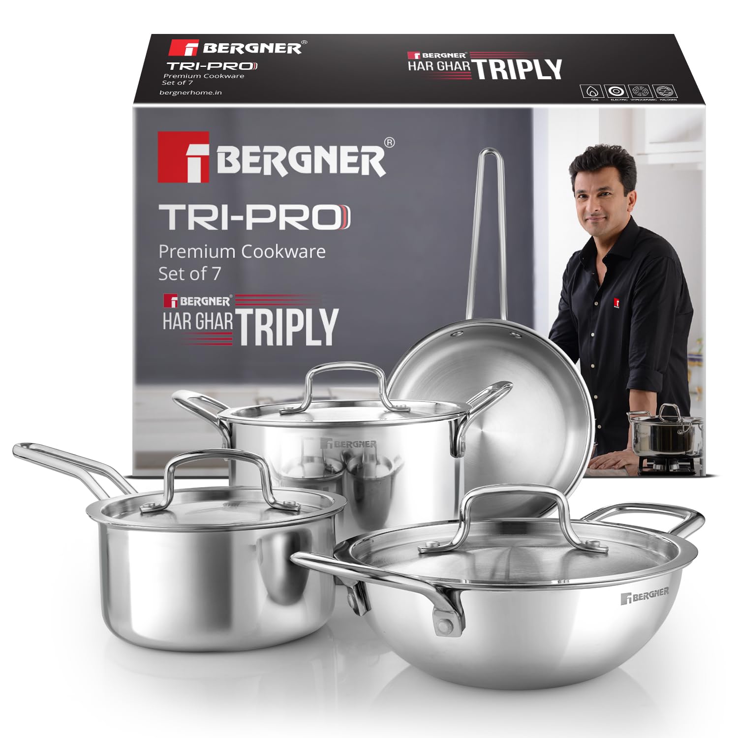 Bergner Tripro Triply Stainless Steel 4 Pc Cookware Set, 24 cm Indian Wok/Kadai with Lid, 22 cm Frypan, 16 cm Tea Pan, Even and Fast Heating, Induction Bottom, Gas Ready, Silver