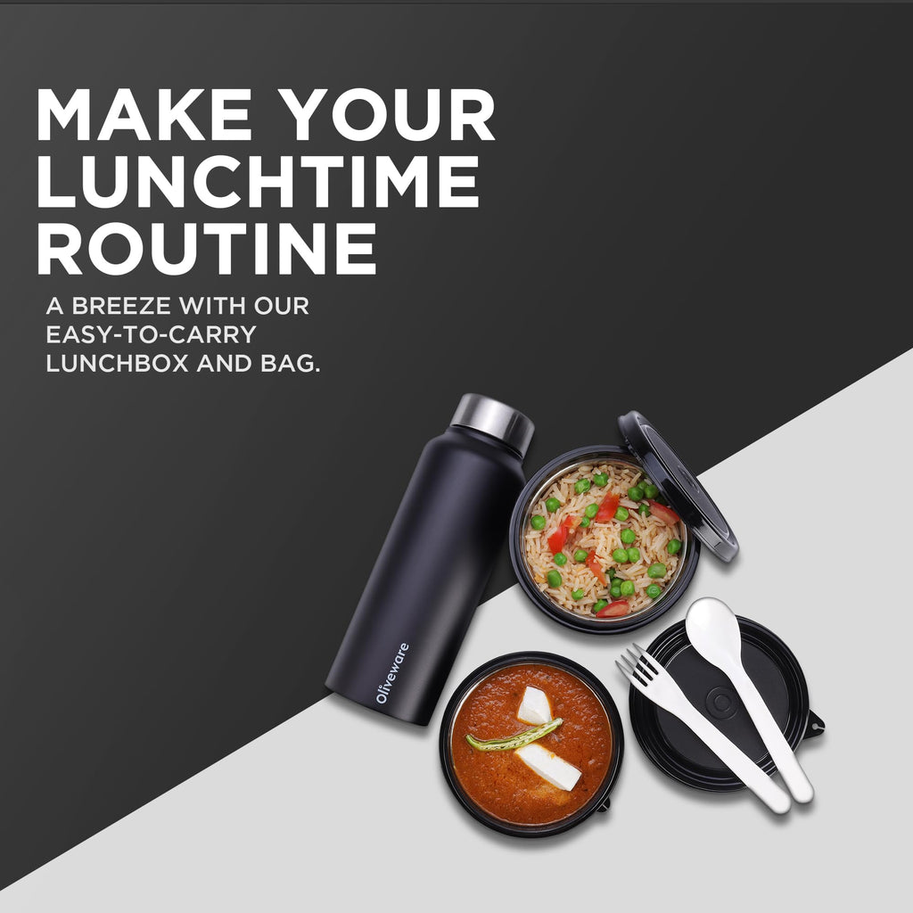 SOPL-OLIVEWARE Teso Pro Lunch Box with Steel Cutlery,3 Microwave Safe Inner Containers with Bpa Free Lids(290Ml,450Ml&600Ml) Plastic Pickle Box(130Ml) Steel Water Bottle(750Ml)-Black,600 ML