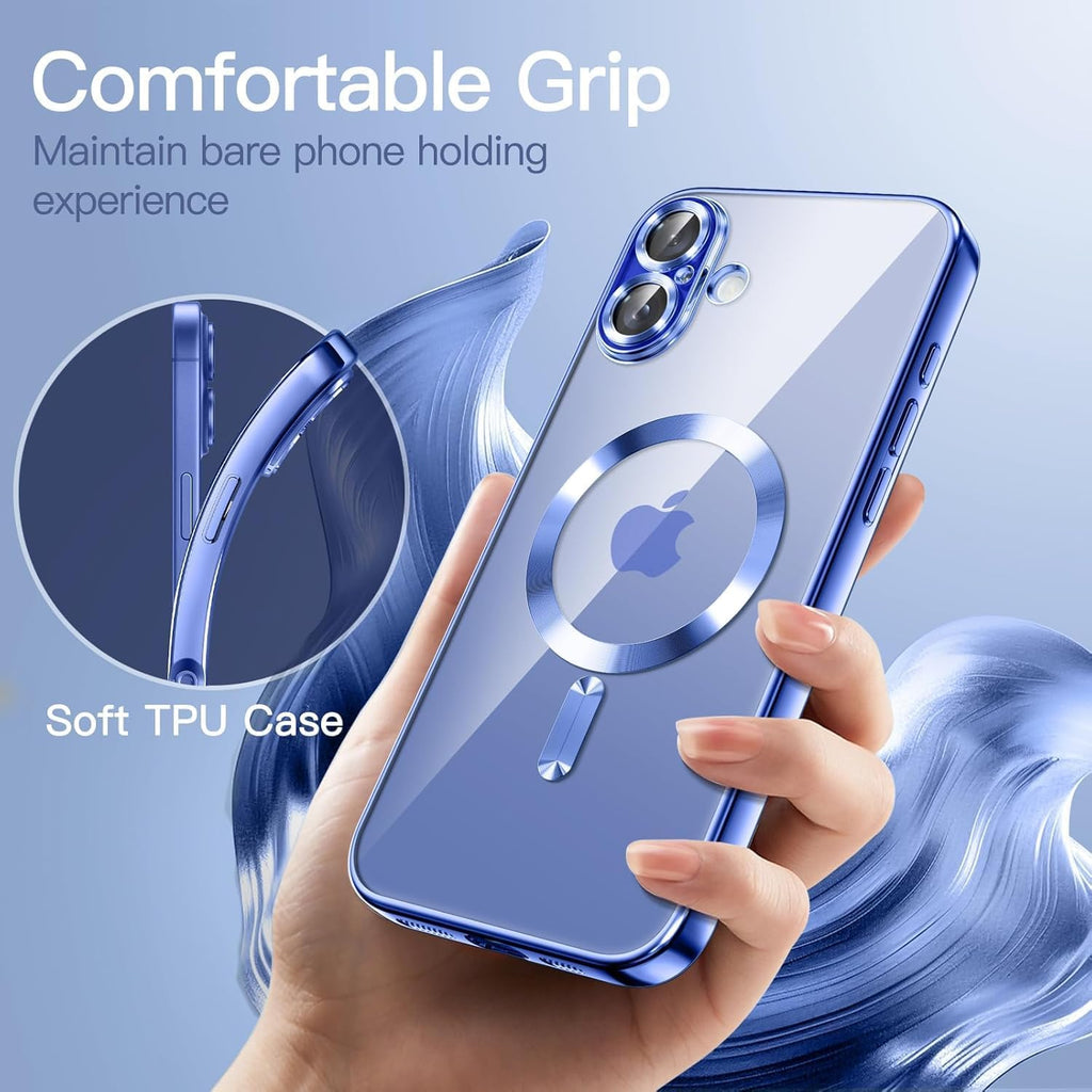 VONZEE Electroplating Transparent Clear Logo Back Cover TPU Compatible with iPhone 16 Plus Case, Compatible with Magsafe, Full Body & Individual Camera Protection for Each Lens for Men & Women (Gold)