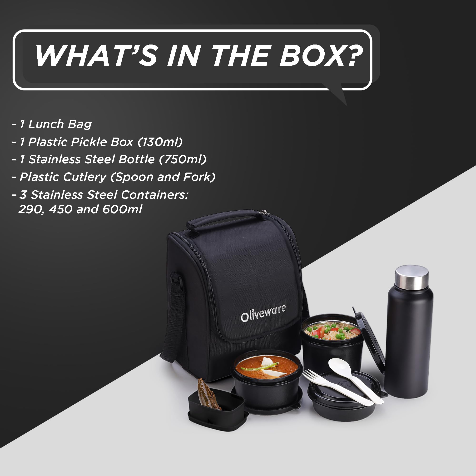 SOPL-OLIVEWARE Teso Pro Lunch Box with Steel Cutlery,3 Microwave Safe Inner Containers with Bpa Free Lids(290Ml,450Ml&600Ml) Plastic Pickle Box(130Ml) Steel Water Bottle(750Ml)-Black,600 ML