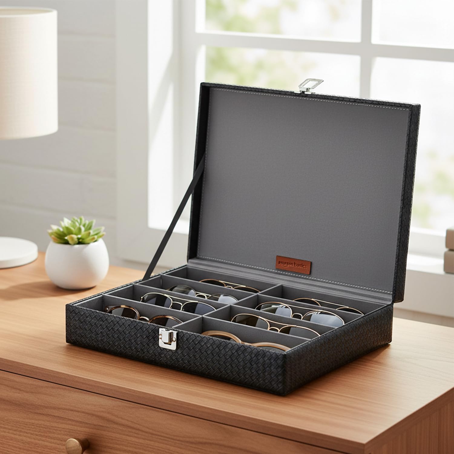 Amazon Basics Unisex Faux Leather Watch Organiser Box with 9 Slots | 6 Watch Storage Compartments | 3 Sunglasses Holder | Transparent Lid (Black)