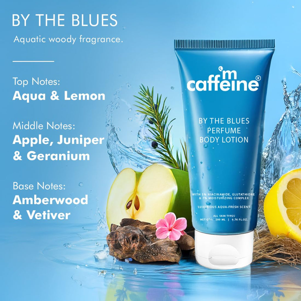 mCaffeine 5% Niacinamide & Glutathione for Brightening & Detan By The Blues Perfume Body Lotion 300ml | | Aquatic-Woody Fragrance | 72H Moisturization| Daily Use Summer Cream Bodylotion for Men & Women | Dry Skin