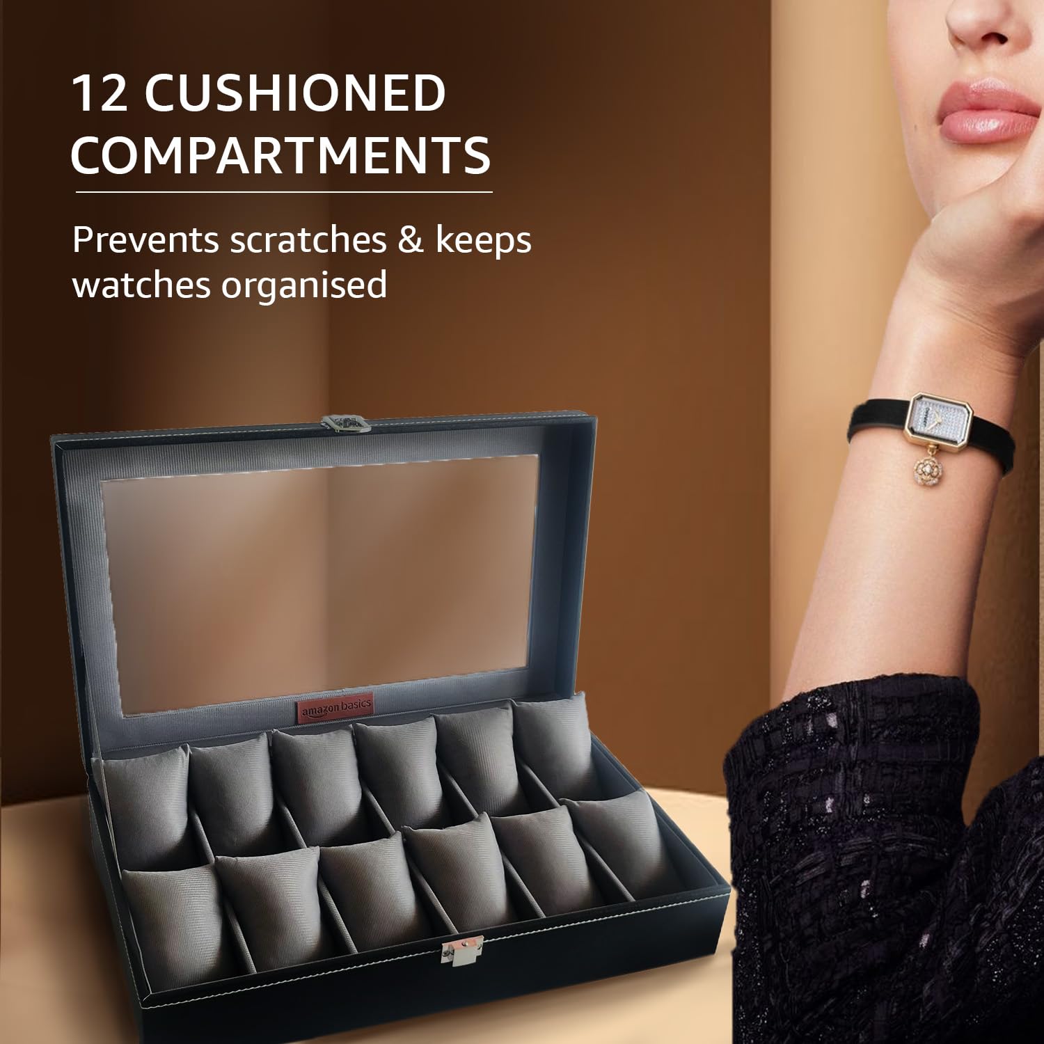 Amazon Basics Unisex Faux Leather Watch Organiser Box with 9 Slots | 6 Watch Storage Compartments | 3 Sunglasses Holder | Transparent Lid (Black)