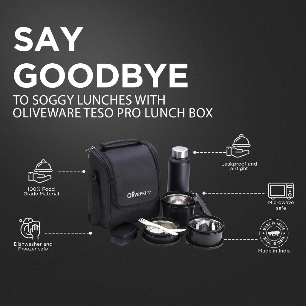 SOPL-OLIVEWARE Teso Pro Lunch Box with Steel Cutlery,3 Microwave Safe Inner Containers with Bpa Free Lids(290Ml,450Ml&600Ml) Plastic Pickle Box(130Ml) Steel Water Bottle(750Ml)-Black,600 ML