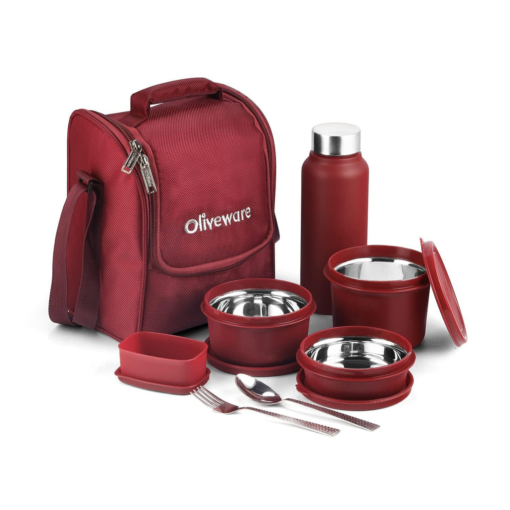 SOPL-OLIVEWARE Teso Pro Lunch Box with Steel Cutlery,3 Microwave Safe Inner Containers with Bpa Free Lids(290Ml,450Ml&600Ml) Plastic Pickle Box(130Ml) Steel Water Bottle(750Ml)-Black,600 ML