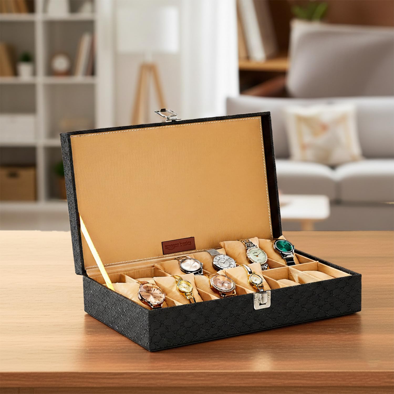 Amazon Basics Unisex Faux Leather Watch Organiser Box with 9 Slots | 6 Watch Storage Compartments | 3 Sunglasses Holder | Transparent Lid (Black)