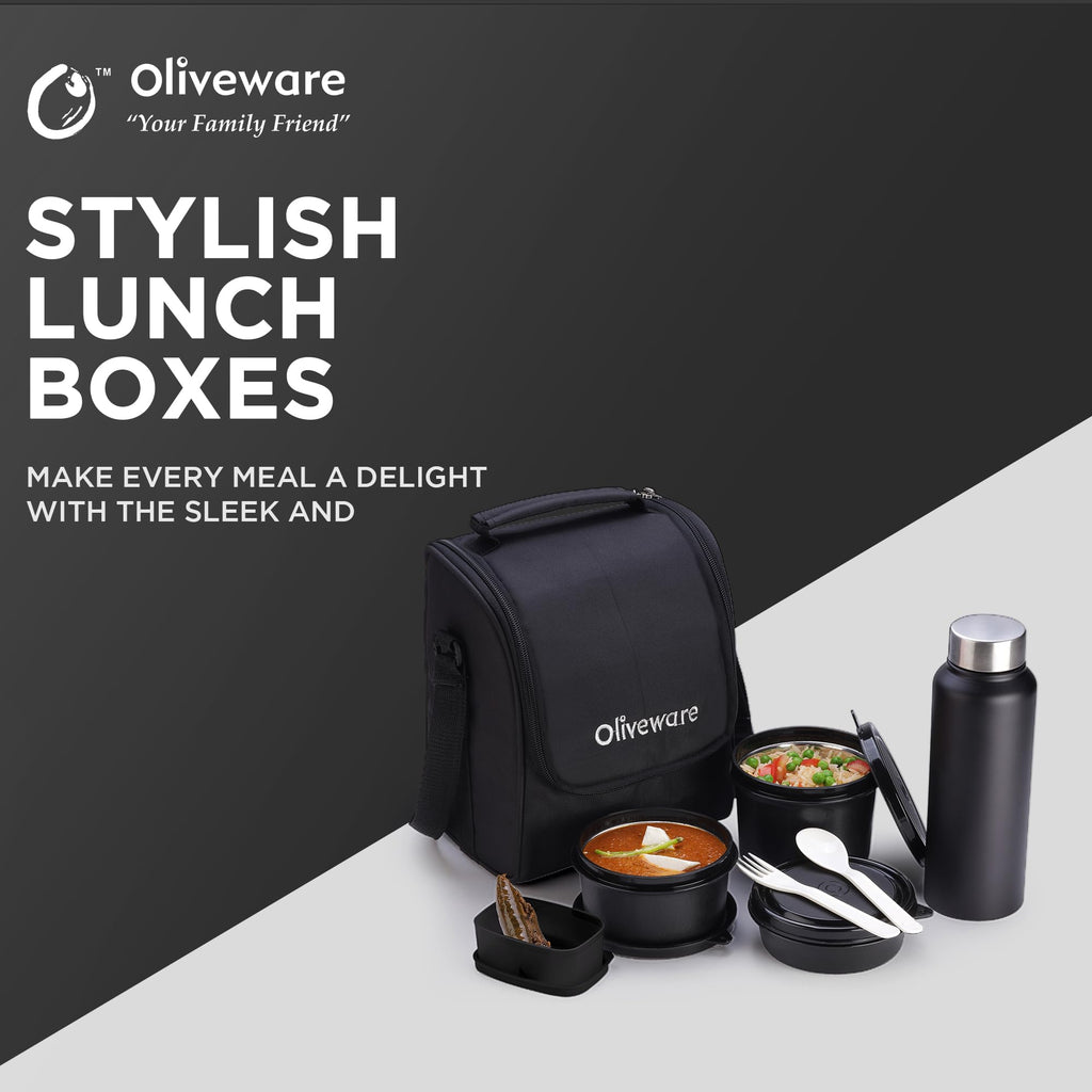 SOPL-OLIVEWARE Teso Pro Lunch Box with Steel Cutlery,3 Microwave Safe Inner Containers with Bpa Free Lids(290Ml,450Ml&600Ml) Plastic Pickle Box(130Ml) Steel Water Bottle(750Ml)-Black,600 ML