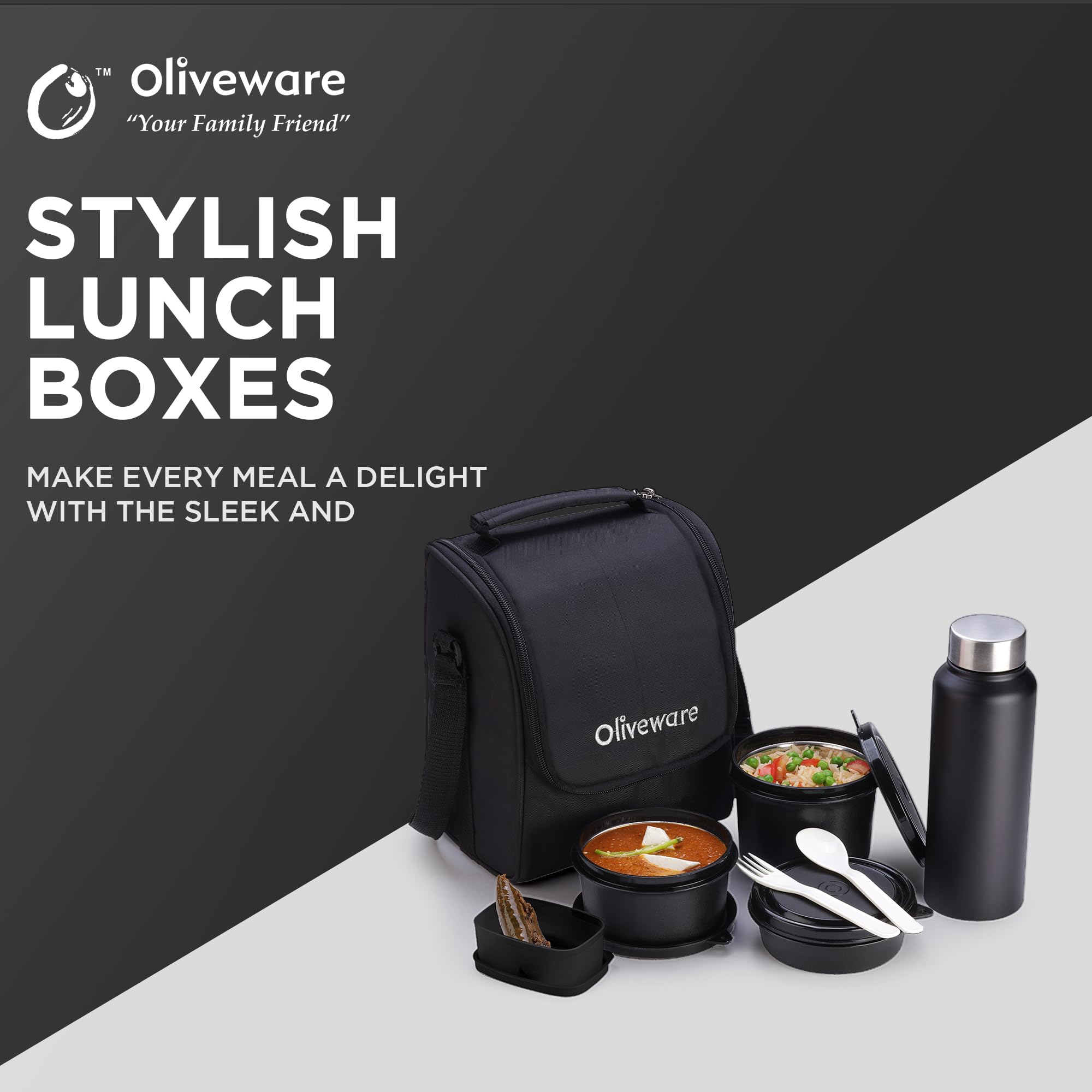 SOPL-OLIVEWARE Teso Pro Lunch Box with Steel Cutlery,3 Microwave Safe Inner Containers with Bpa Free Lids(290Ml,450Ml&600Ml) Plastic Pickle Box(130Ml) Steel Water Bottle(750Ml)-Black,600 ML